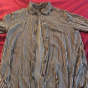 Tan and black pinstripe button down top